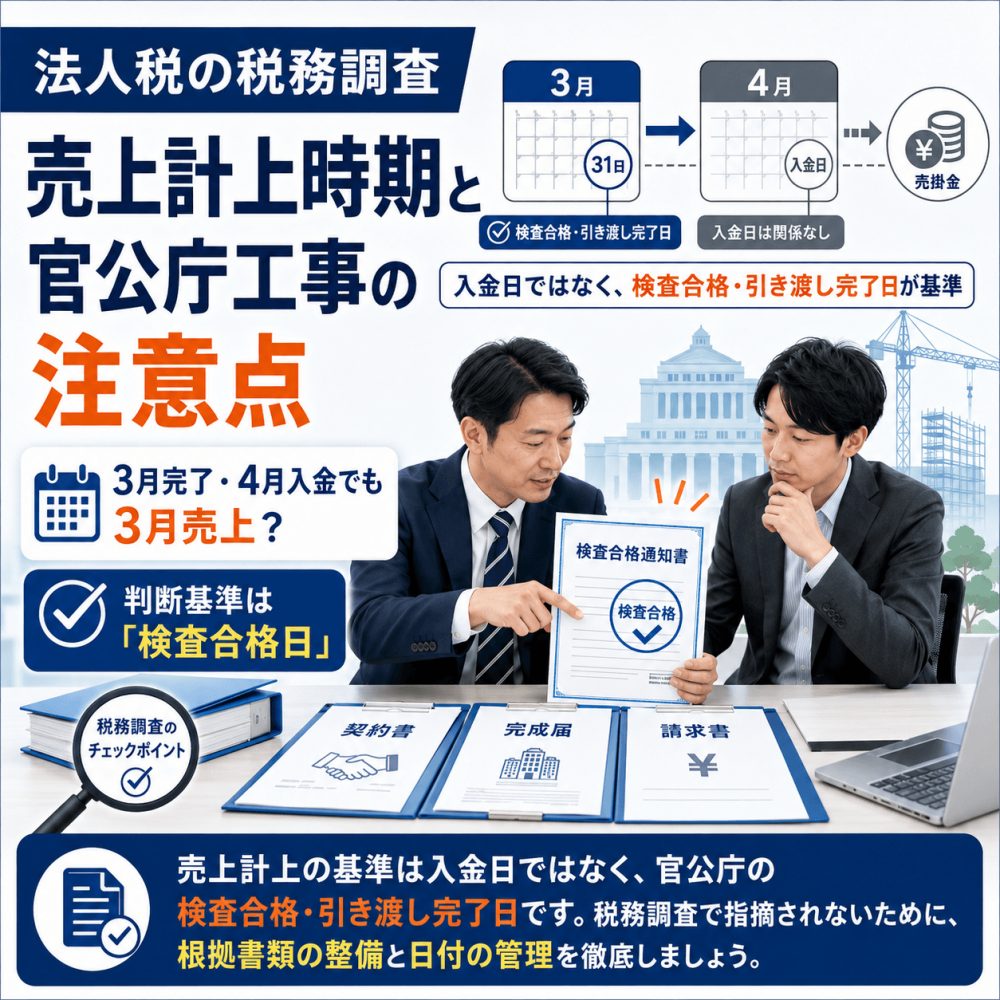 官公庁工事の請求書と検査合格通知書を確認して税務調査対応を検討する経営者と税理士