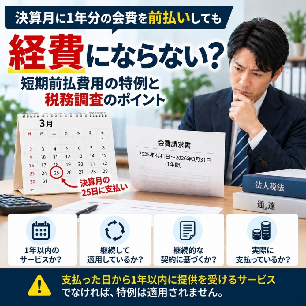 決算期末の前払費用処理と契約期間を電卓とカレンダーで確認する様子